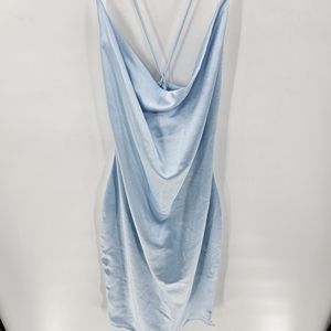Nwt revolve superdown billie drape midi dress blue satin crisscross side slit me